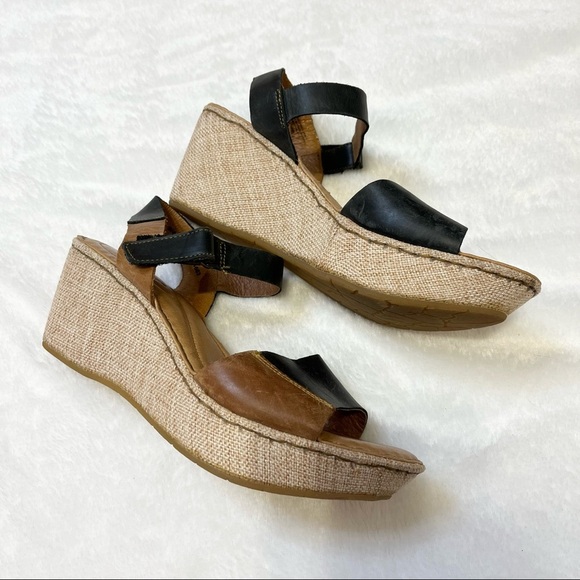 Born Nectar Brown Black Leather Two Tone Open Toe Wedge Sandal Women Size 9 - Picture 6 of 13